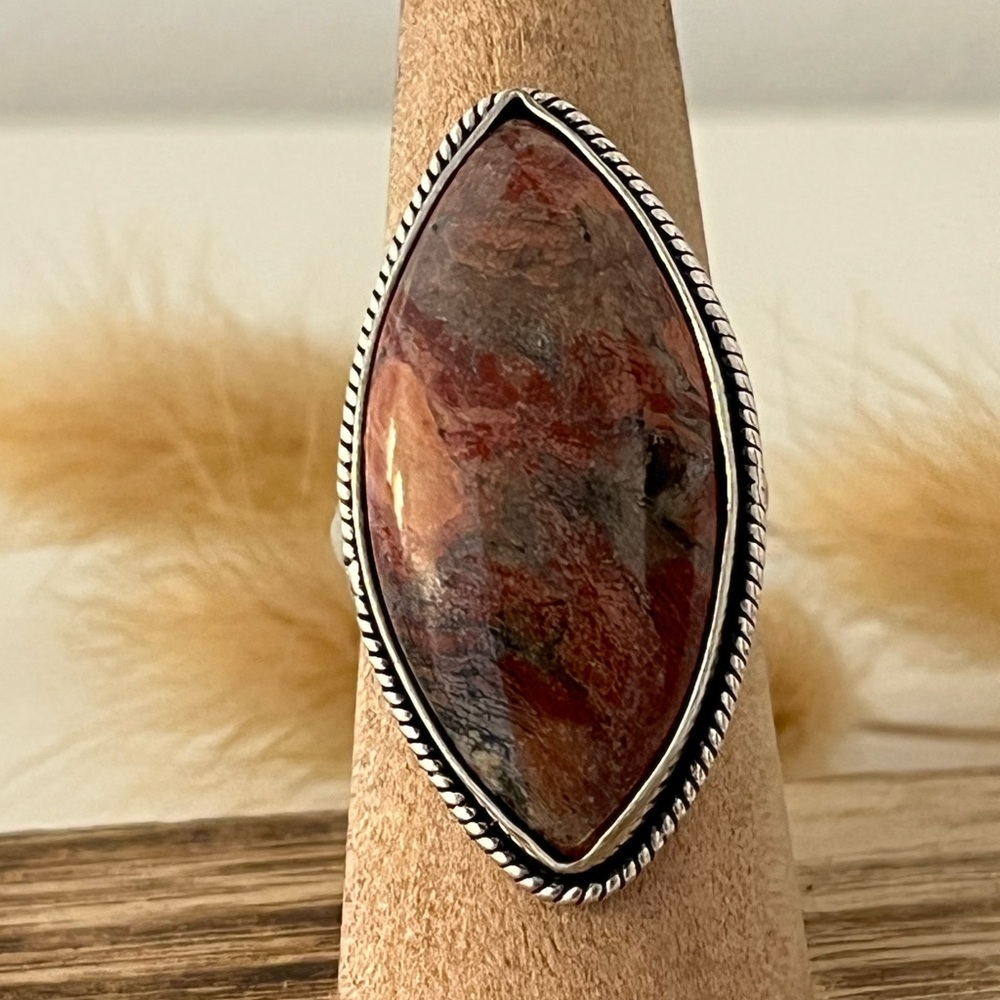 New 925 Stamped Sterling Silver Overlay Brecciated Jasper Gemstone Ring Size 8
